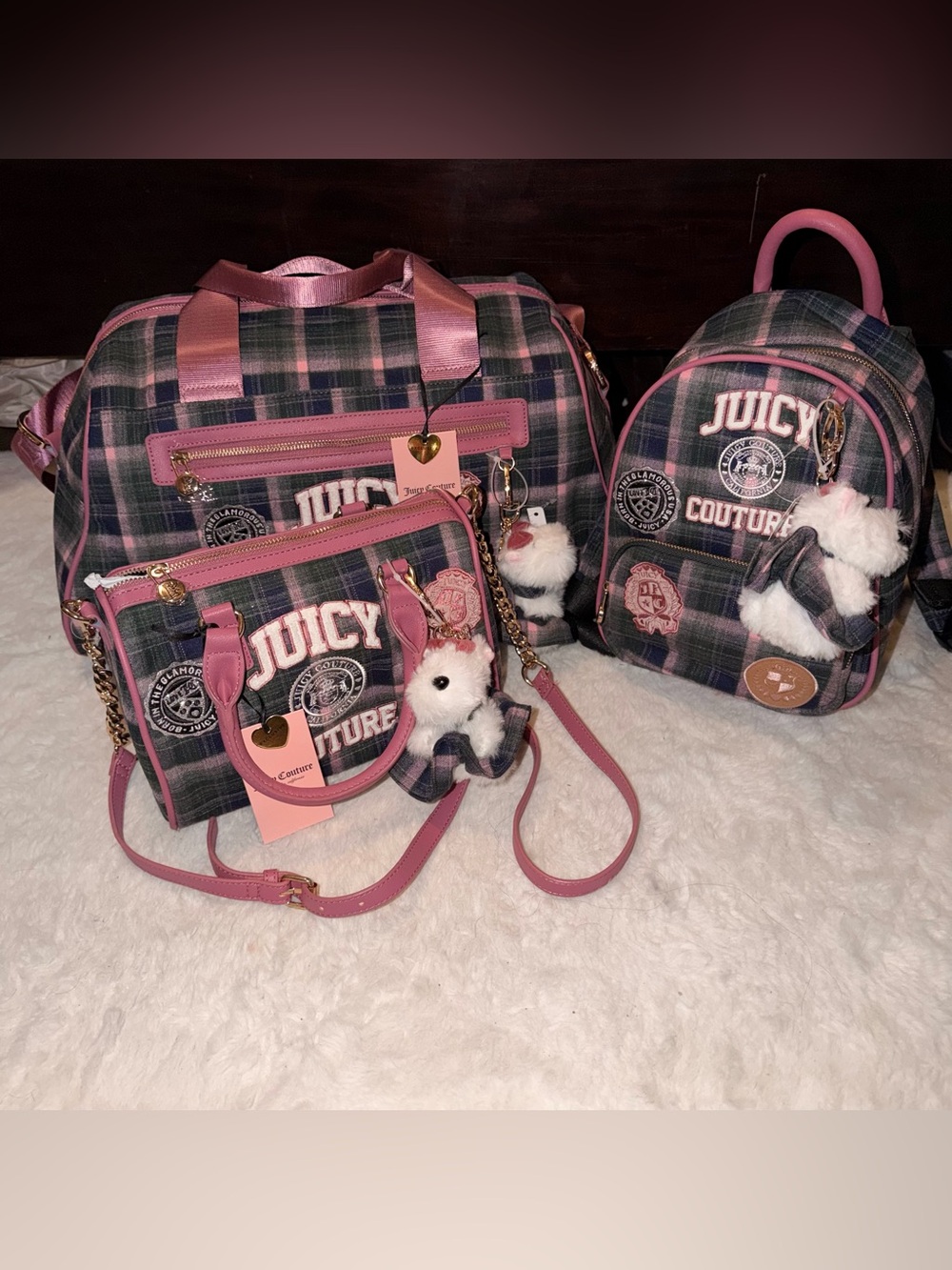 Juicy Couture Green /Pink Plaid Juicy Varsity Weekender set of 3 .